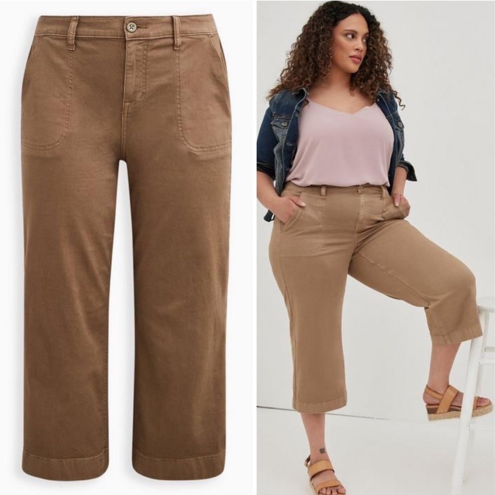 Torrid 28 Crop Pull-On Wide Leg Stretch Twill Mid-Rise Pant Khaki Summer